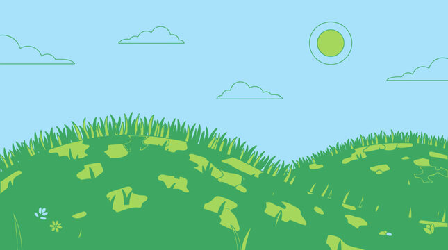 Ilustraci&oacute;n vectorial plana de un paisaje de colinas verdes con hierba, nubes blancas y un sol brillante en un cielo azul claro, ideal para fondos de dise&ntilde;o gr&aacute;fico y proyectos creativos.