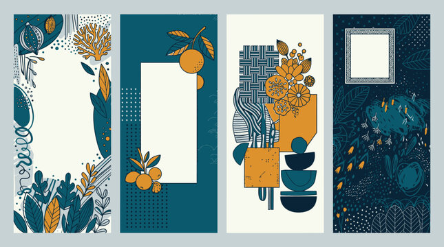 Conjunto de cuatro pancartas verticales con dise&ntilde;os abstractos bot&aacute;nicos y geom&eacute;tricos en tonos azul oscuro y ocre, ideales para fondos decorativos, invitaciones o material publicitario elegante.