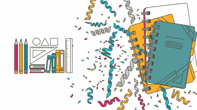 Composition cr&eacute;ative avec des cahiers &agrave; spirales, des crayons color&eacute;s et des confettis festifs, illustrant le retour &agrave; l'&eacute;cole ou la planification de projets scolaires sur fond blanc.