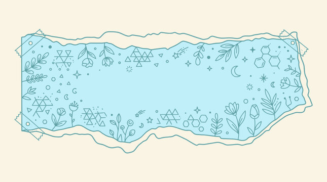 Ein hellblaues, zerrissenes Papierst&uuml;ck mit handgezeichneten floralen und geometrischen Linienmustern, das als dekorativer Rahmen mit viel Platz f&uuml;r Text auf einem beigen Hintergrund dient.