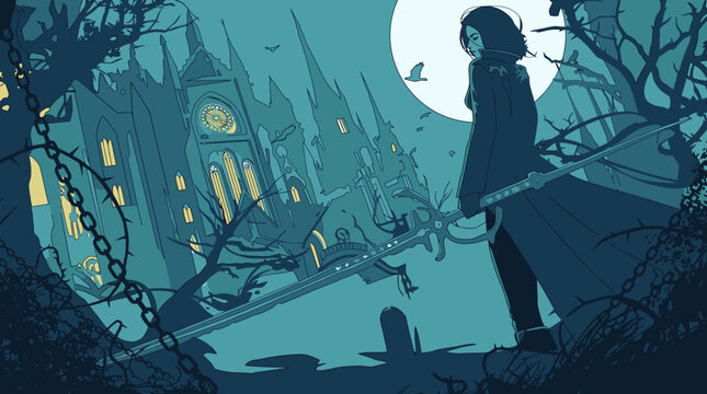 Une illustration fantastique repr&eacute;sentant une guerri&egrave;re myst&eacute;rieuse tenant une &eacute;p&eacute;e devant un ch&acirc;teau gothique sous une pleine lune, dans un style artistique sombre et stylis&eacute;.