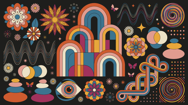 Ein Set aus retro-inspirierten Vektorelementen mit Regenb&ouml;gen, Blumen, abstrakten Wellenformen, Mandalas und geometrischen Symbolen in einer lebendigen, warmen Farbpalette auf dunklem Hintergrund.