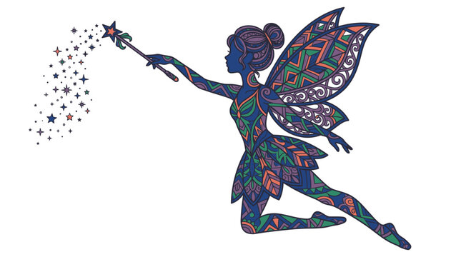 Eine anmutige, fliegende Fee mit kunstvollen, farbenfrohen Mandala-Mustern auf K&ouml;rper und Fl&uuml;geln, die einen Zauberstab schwingt und magische Sterne sowie Funkeln verbreitet, isoliert auf wei&szlig;em