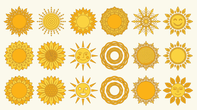 Conjunto de &iacute;cones de sol desenhados &agrave; m&atilde;o em estilo plano, apresentando diversos designs geom&eacute;tricos, florais e rostos sorridentes em tons de amarelo e dourado sobre um fundo bege claro.