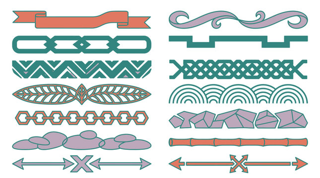 Ensemble de s&eacute;parateurs de texte d&eacute;coratifs et &eacute;l&eacute;ments de bordure graphiques avec des motifs g&eacute;om&eacute;triques, organiques et stylis&eacute;s pour la mise en page de documents et le design cr&eacute;atif.