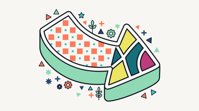 Ilustraci&oacute;n vectorial isom&eacute;trica de una flecha decorativa con patrones geom&eacute;tricos coloridos, elementos abstractos y dise&ntilde;o moderno sobre un fondo claro para proyectos creativos.