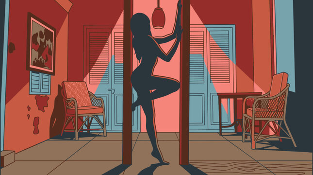 Ilustraci&oacute;n art&iacute;stica de una silueta femenina bailando sensualmente en un interior retro con muebles de mimbre, iluminaci&oacute;n dram&aacute;tica y una atm&oacute;sfera nost&aacute;lgica de estilo vintage.