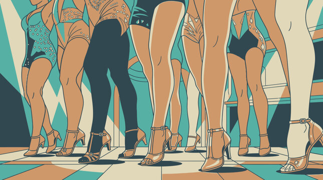 Ilustraci&oacute;n retro de un grupo de bailarinas con tacones realizando una coreograf&iacute;a en una pista de baile con un estilo gr&aacute;fico vintage de colores azul y crema.