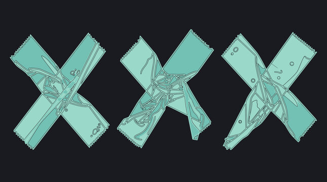 Tr&ecirc;s s&iacute;mbolos de letra X estilizados em tom verde menta sobre um fundo preto s&oacute;lido, apresentando um design gr&aacute;fico moderno com texturas internas abstratas e contornos n&iacute;tidos.