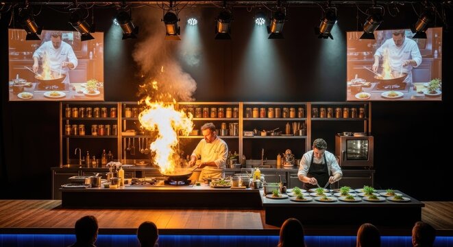 Professional chefs performing a live fire cooking show