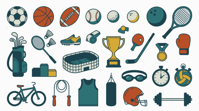 Eine umfangreiche Sammlung von Sportger&auml;ten und Symbolen im flachen Vektor-Stil, die verschiedene Disziplinen wie Fu&szlig;ball, Tennis, Boxen und Schwimmen auf einem isolierten wei&szlig;en Hintergrund