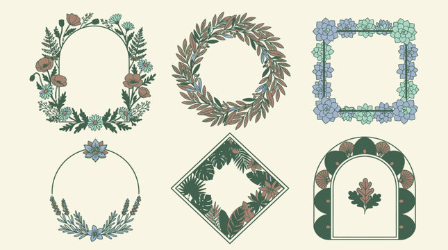 Conjunto de molduras decorativas com elementos bot&acirc;nicos, incluindo coroas de flores, formas geom&eacute;tricas e arranjos de folhas em estilo ilustrativo elegante para convites e design gr&aacute;fico.