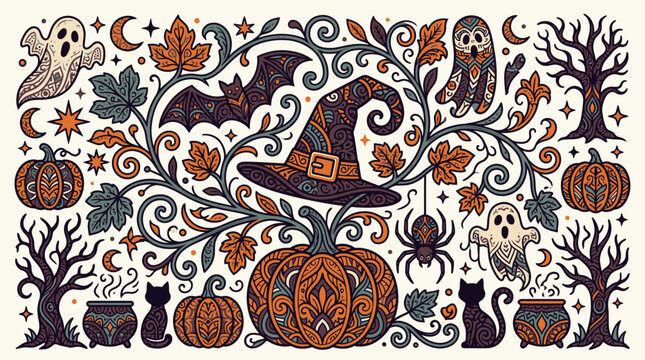 Ilustra&ccedil;&atilde;o decorativa de Halloween com ab&oacute;boras, chap&eacute;u de bruxa, fantasmas, morcegos, gatos pretos e &aacute;rvores secas em um estilo art&iacute;stico detalhado e festivo.