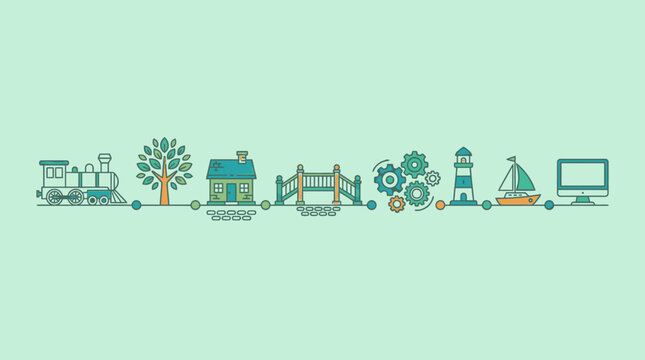 Ilustraci&oacute;n de l&iacute;nea plana con iconos de tren, &aacute;rbol, casa, puente, engranajes, faro, barco y computadora sobre un fondo verde claro, ideal para infograf&iacute;as o dise&ntilde;o web.
