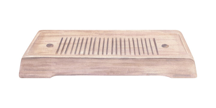 Traditional wooden tea tray for Chinese tea ceremony. Brown chaban board with drainage grooves watercolor illustration on isolated background. Hand painted element for drink. serving in oriental style
