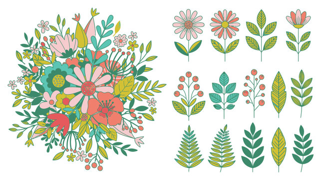 Conjunto de ilustraciones vectoriales con un ramo de flores silvestres y elementos bot&aacute;nicos individuales dibujados en un estilo plano y colorido sobre un fondo blanco