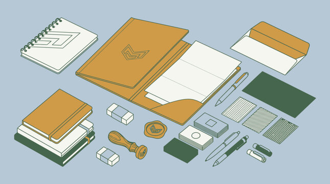 Conjunto de papeler&iacute;a corporativa con dise&ntilde;o isom&eacute;trico que incluye carpetas, cuadernos, tarjetas de visita, bol&iacute;grafos y sellos sobre un fondo azul claro para identidad de marca.