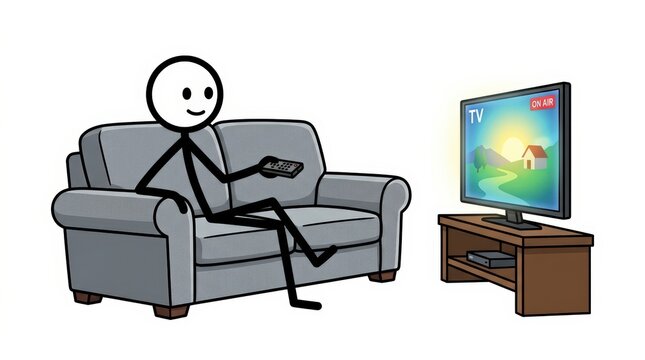 Stick Figure Man Sitting on Sofa Watching TV with Remote Control, Cartoon Illustration Isolated on White.