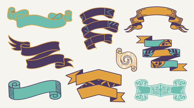 Eine Sammlung von handgezeichneten dekorativen Bannern und Schriftrollen im Vintage-Stil f&uuml;r kreative Designprojekte, Einladungen und grafische Illustrationen auf hellem Hintergrund.