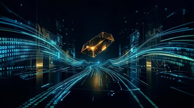 Glowing Digital Gold Bar Surrounded by Data Streams