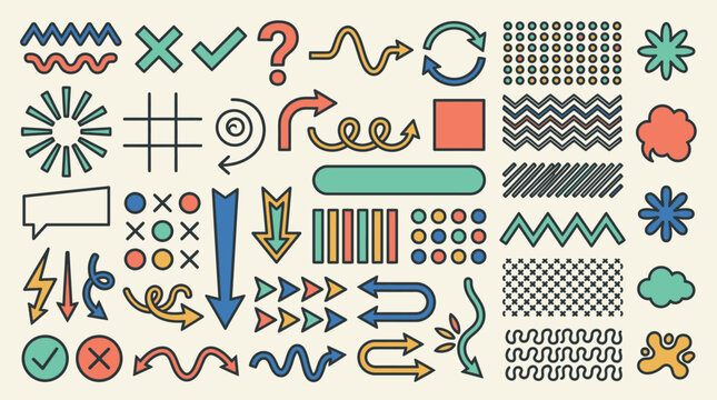 Eine Sammlung von handgezeichneten Doodle-Elementen, Pfeilen, geometrischen Formen und dekorativen Mustern im Retro-Stil f&uuml;r kreative Designprojekte und Illustrationen.