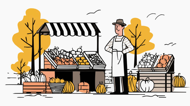 Friendly farmer stands proudly by his autumn harvest market stall showing fresh organic produce and warm seasonal gourds