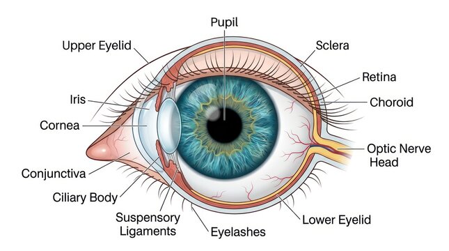 Cross section view of human eye with labels detailing internal and external eye anatomy.