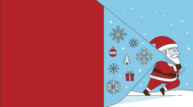 Ilustra&ccedil;&atilde;o vetorial de Papai Noel correndo com um saco de presentes e flocos de neve em um fundo azul com uma aba vermelha dobrada para espa&ccedil;o de c&oacute;pia