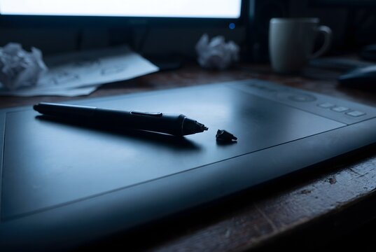 Close up of a snapped nib on a digital stylus pen laying flat on a drawing tablet under monitor glow