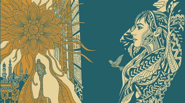 Ilustraci&oacute;n art&iacute;stica de estilo lineal con una mujer de perfil, patrones ornamentales, una flor grande y elementos arquitect&oacute;nicos en tonos dorados sobre un fondo azul oscuro.