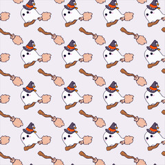 Kawaii Halloween Ghost Flying on Witch Broom Seamless Repeat Pattern. Cute Spooky Surface Design with Orange Witch Hat.