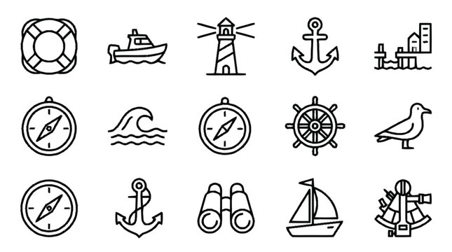 Nautical icons depicting various maritime symbols and objects on a white background including (210).eps file