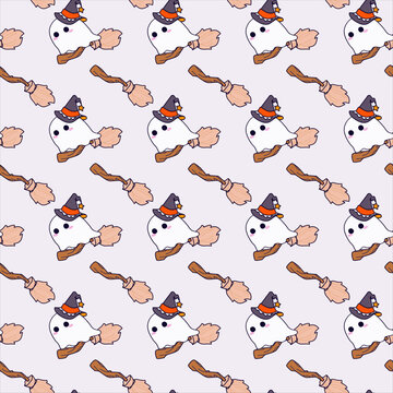 Kawaii Halloween Ghost Flying on Witch Broom Seamless Repeat Pattern. Cute Spooky Surface Design with Orange Witch Hat.