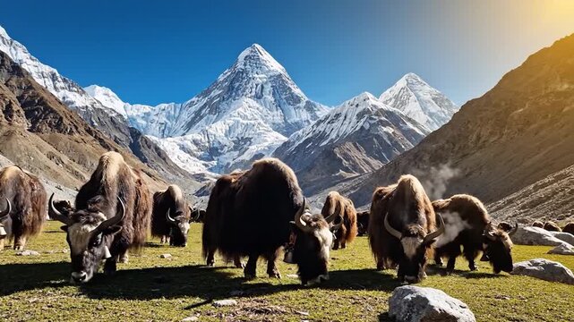 A herd of yaks grazes in a snowy mountain valley