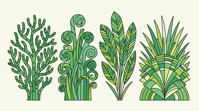 Colecci&oacute;n de cuatro ilustraciones vectoriales de plantas estilizadas y follaje verde en arte lineal, ideales como elementos decorativos para dise&ntilde;o gr&aacute;fico y proyectos creativos.
