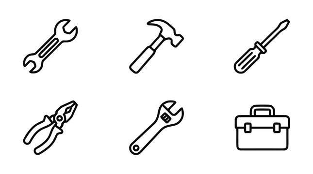 A set of tools and a toolbox with a wrench, hammer, screwdriver, pliers, adjustable wrench, and briefcase icons.