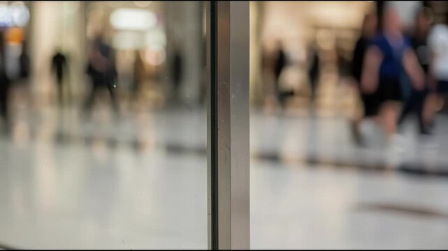 Blurred People Walking in Modern Shopping Mall Through Glass