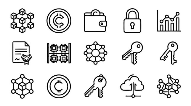 A collection of various business and finance icons depicting security, data, and currency on a white background with eps file reference
