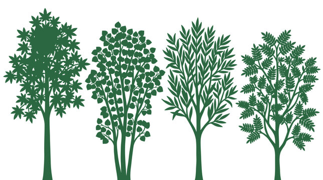 Eine Sammlung von vier verschiedenen stilisierten Baum-Silhouetten in gr&uuml;ner Farbe, isoliert auf einem wei&szlig;en Hintergrund f&uuml;r grafische Designprojekte.