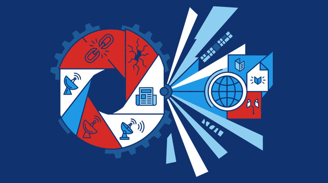 Illustration conceptuelle de cybers&eacute;curit&eacute; montrant des ic&ocirc;nes de r&eacute;seau, de communication et de protection des donn&eacute;es dans un style graphique moderne sur fond bleu fonc&eacute;.