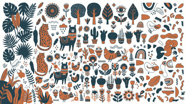 Gran colecci&oacute;n de elementos de dise&ntilde;o plano inspirados en la naturaleza con animales ex&oacute;ticos, plantas tropicales y formas abstractas en tonos tierra y azul oscuro, ideal para proyectos creativos.