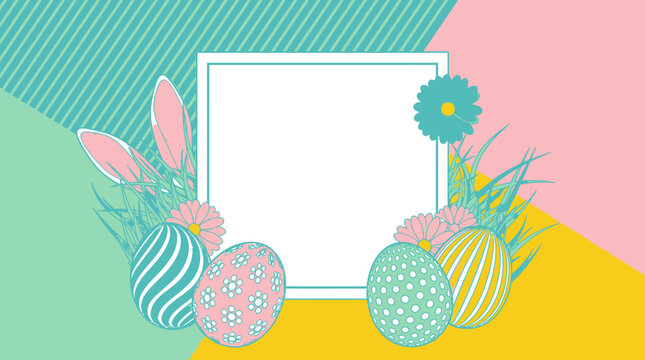 Fundo festivo de P&aacute;scoa com moldura central branca, ovos decorados, orelhas de coelho e flores coloridas sobre um design geom&eacute;trico vibrante em tons past&eacute;is para convites e cart&otilde;es.