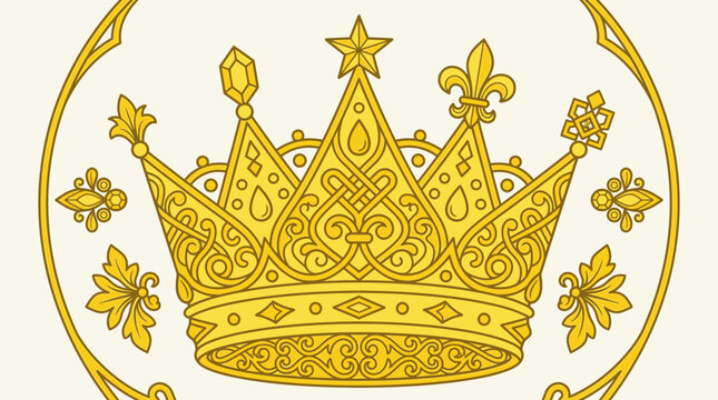 Ilustraci&oacute;n vectorial de una corona real dorada y ornamentada, con detalles intrincados como flor de lis y gemas, enmarcada elegantemente sobre un fondo claro.