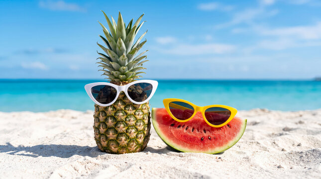 Pineapple and watermelon wearing sunglasses on a beach