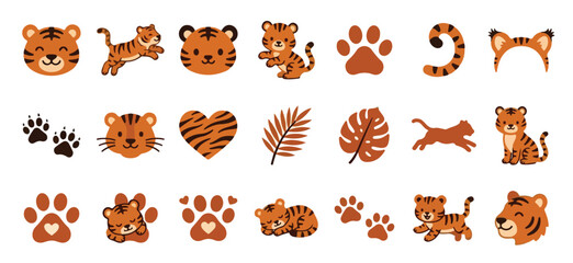 Fototapeta premium A collection of orange tiger icons and symbols on a white background including animals and leaves.