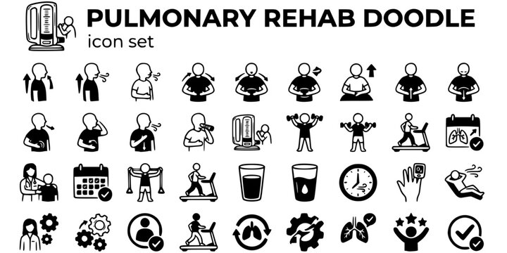 Pulmonary Rehab Program Doodle Black White-Breathing Exercise Spirometer Lung-Recovery Vector-Rehab Icon Doodle-ICU Pulmonary Design Set
