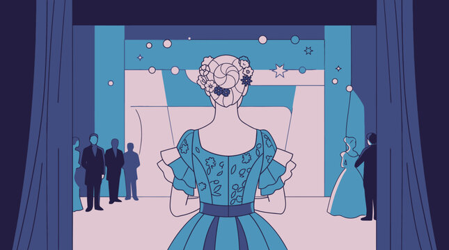 Une illustration vectorielle montrant une femme en robe de bal vue de dos sur une sc&egrave;ne de th&eacute;&acirc;tre avec des rideaux bleus, entour&eacute;e d'invit&eacute;s dans une salle de r&eacute;ception &eacute;l&eacute;gante.