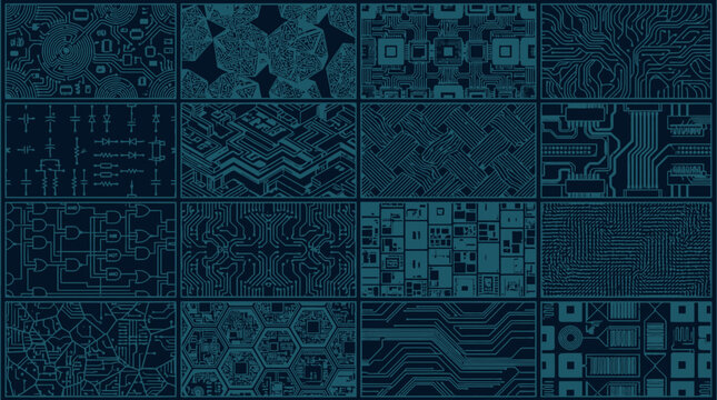 Eine Sammlung von sechzehn verschiedenen dunkelblauen technischen Mustern mit abstrakten Schaltkreis-Designs, digitalen Netzwerken und futuristischen geometrischen Strukturen.