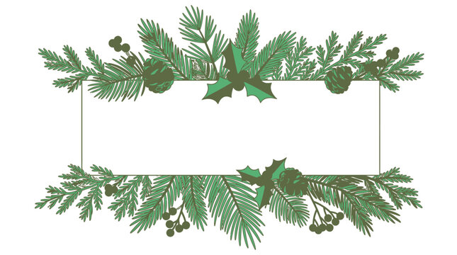 Marco decorativo de invierno con ramas de pino, hojas de acebo y bayas en tonos verdes, creando un espacio elegante para texto o mensajes festivos.