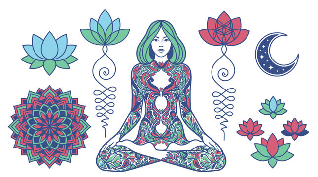 Mujer meditando en posici&oacute;n de loto rodeada de s&iacute;mbolos espirituales como flores de loto, unalomes y mandalas, representando paz y equilibrio.